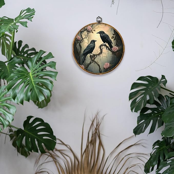 Hiuwevt Gothic Mystical Floral Two Ravens Round Wall Art Decor, Spooky Forest Black Crow Hanging Canvas Prints Artwork Framed, Dark Academia Goth Circular Wall Decor for Home Room, 10x10 Inch