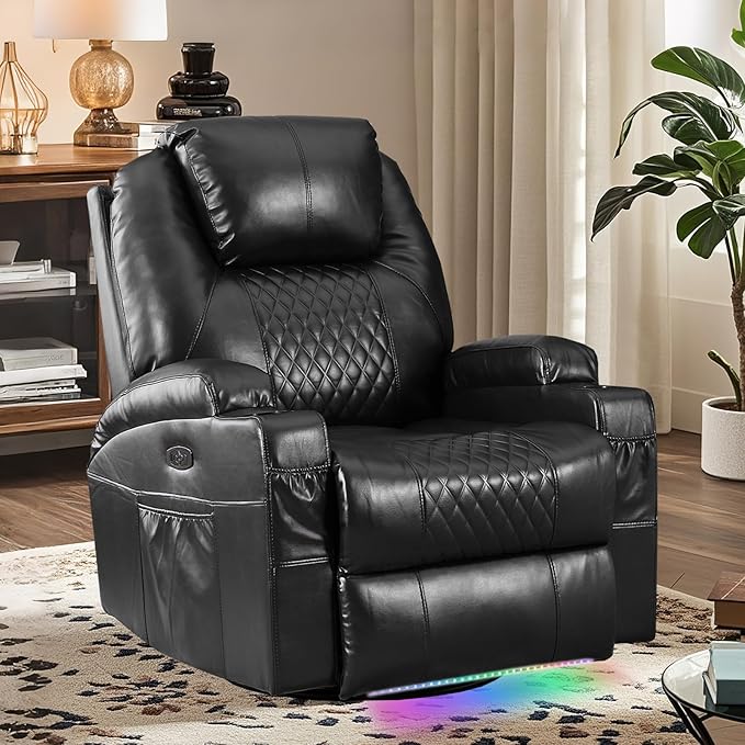 Power Swivel Rocker Recliner Chair with Massage and Heat/LED Lights/USB and Type-C Ports/Infinite Position/Cup Holder, Electric Glider Reclining Sofa for Nursery Living Room (1, Black)
