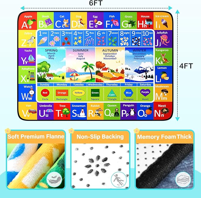 ABC Rug, Toddler Play Rug 4x6 Feet, Extra Thick (0.4in) Washable Baby Play Mat for Floor, Classroom Carpet Non-Slip for Learning, Alphabet, Nursery Mat for Crawling & Fun & Playroom Decor