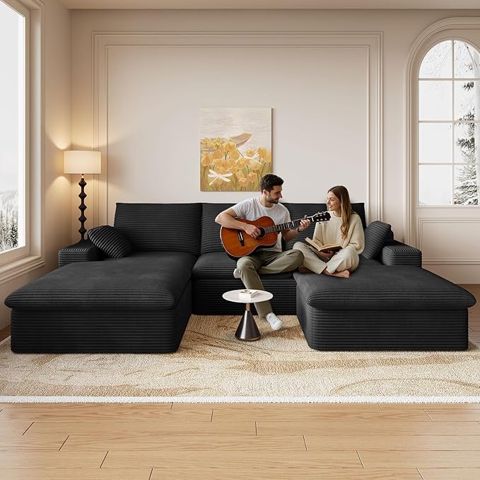 107" Cloud Modular Sectional Sofa with 1 Ottoman, Modern Upholstered Corduroy Couches, Comfort U Shaped Sofa for Living Room, Deep Seat Boneless Couch, No Assembly Required(Black,Left Facing Chaise)