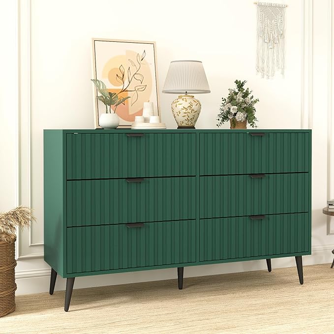 Fluted Dresser for Bedroom with 6 Drawers, 47'' Wide Modern Dresser with Metal Handle, Wood Dressers Organizer with Blister Drawers for Bedroom, Green