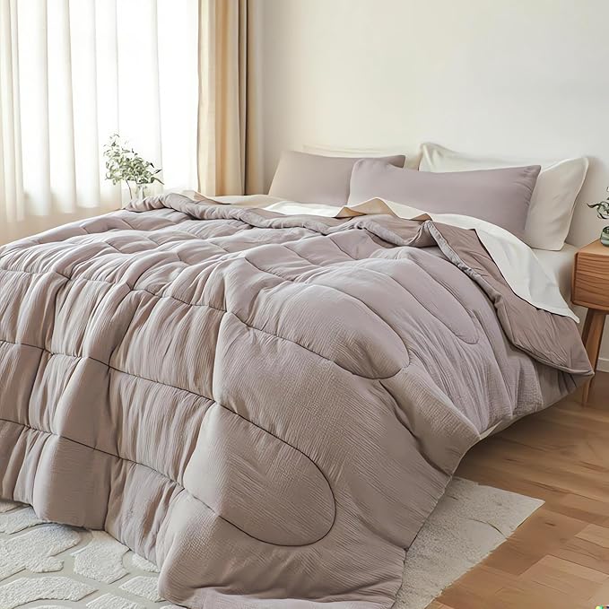 Simple&Opulence 100% Cotton Muslin Comforter Set Twin Size, 2PCS Washed Cotton Gauze Comforter, Soft Lightweight All Seasons Bedding Sets with 1 Pillow Sham(Grey-Brown,Twin)