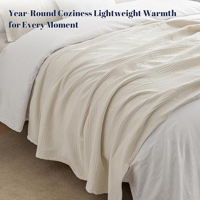 PHF 100% Cotton Muslin Blanket Queen Size 90"x90", 4-Layer Lightweight Gauze Throw, Breathable Cloud-Soft Minimalist Blanket for Bed, Couch, Camping & Baby, Oat Milk, Ideal Gift