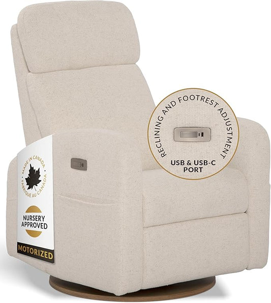Jaymar Hailey Modern Nursery Glider Recliner Chair (Motorized) – Cozy Nursing Chair with 180° Swivel for New Parents, High Back & Low Armrests, Adjustable headrest, Canadian Made (Henequen Ivory)
