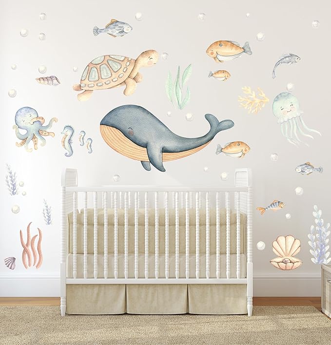 Under The Sea Wall Decals – Sea Life Stickers, Removable Wall Stickers, Watercolor Ocean Animals, Peel & Stick, for Nursery Baby Kids Bedroom Bathroom, Large Set (80" W x 50" H) 50 Pcs