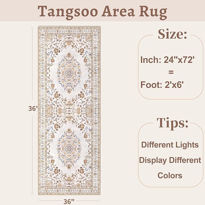 Tangsoo 2x6 Washable Runner Rug Non Slip, Vintage Persian Boho Neutral Hallway Rug for Entry Kitchen, Soft Low Pile Beige Floor Carpet Runner for for Laundry, Bedroom, Living Room Home Decor