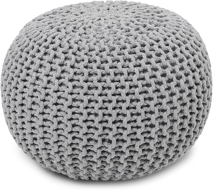 REDEARTH · Round Boho Pouf Ottoman - Cable Knitted Cord Boho Pouffe - Stuffed Poof Accent Beanbag Footrest for Living Room - Nursery - Bedroom - Covered Patio - Study Nook (18”x18”x14”) - Gray-S