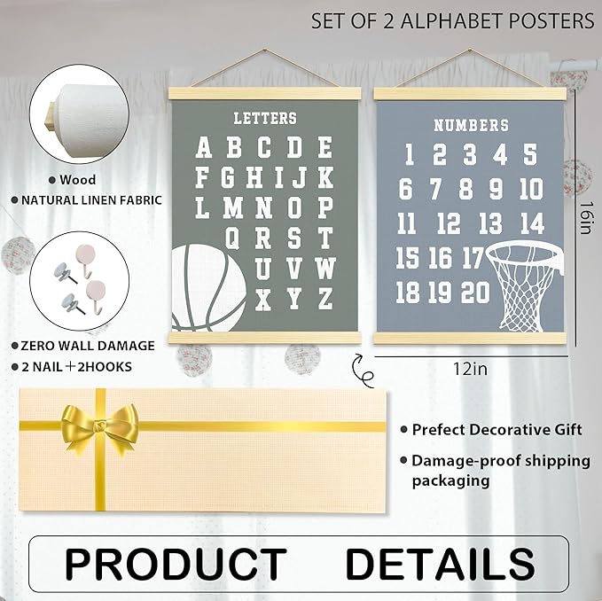 Buildinest Numbers Abc Wall Chart for Toddler Learning Posters, Nursery Wall Decor Playroom Wall Decor and Alphabet Banner,Preschool &Homeschool Wooden Alphabet Poster For Toddlers-B04