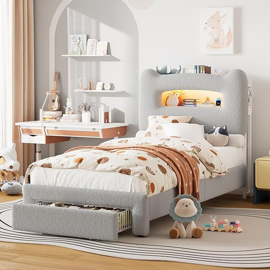 GarveeHome LED Twin Bed Frame with 2-Tier Storage Headboard, Upholstered Platform Bed with Charging Station and Drawer for Kids/Girls/Boys, Heavy Duty Metal Support, No Box Spring Needed, Grey