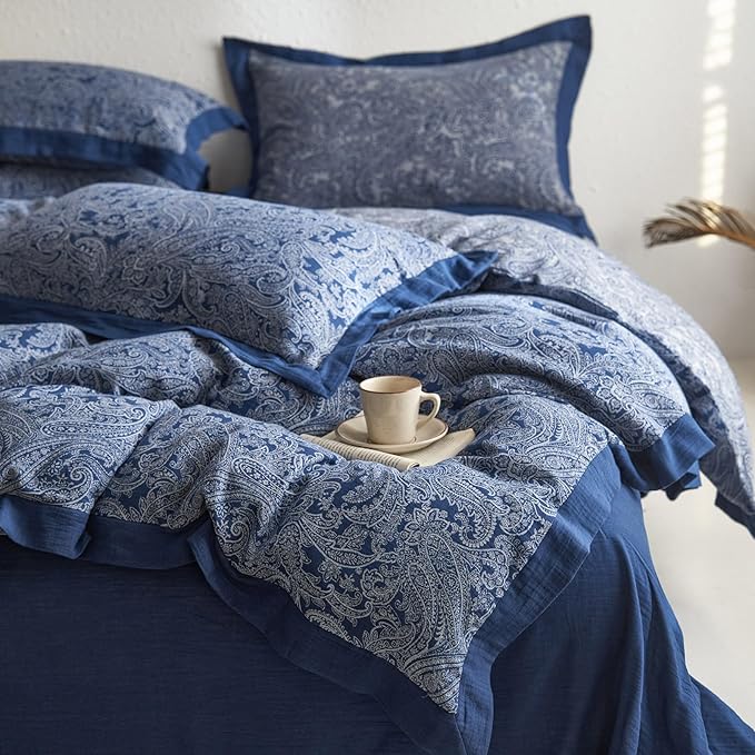 Navy Blue Paisley Floral Duvet Cover Queen Premium Yarn-Dyed Cotton Linen Duvet Cover Elegant Jacquard Boho Bedding Set Queen Vintage Paisley Flower Duvet Cover Cozy Breathable Floral Bedding Set
