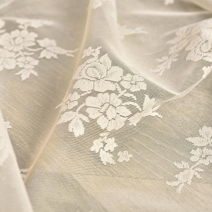 Kotile Short Lace Curtains 30 Inch Length 2 Panels Rustic Floral Retro Beige Kitchen Lace Curtains for Small Window, Rod Pocket Privacy Sheer Cafe Curtain Over Sink Cabinet, 42 x 30 Inch