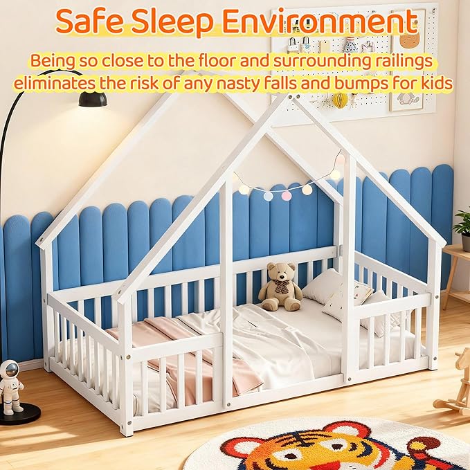 Casaphoria Full Size House-Shaped Montessori Bedframe, Solid Pine Wood Kids Bed Frame, Toddler Floor Bed with Door & Fence for 1-3 Years Old Kids, White