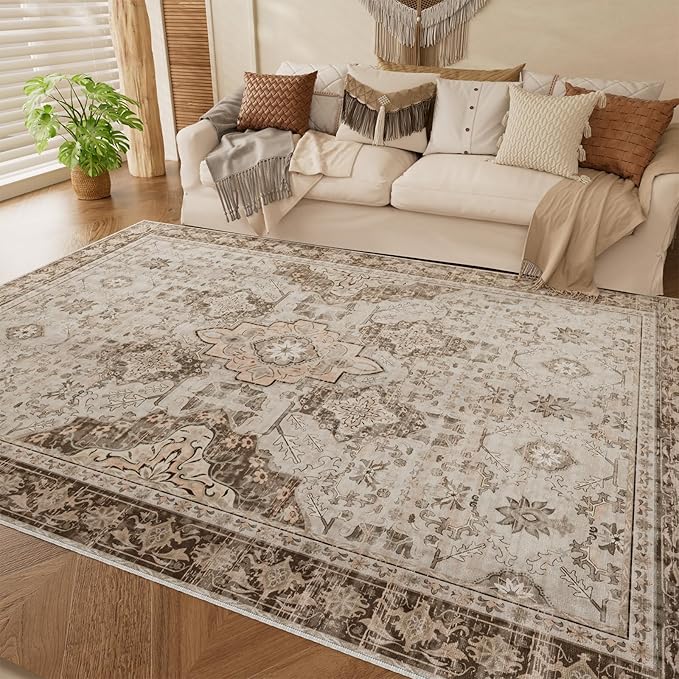 AMTOVO Area Rugs 5'x7' Washable Non-Slip, Vintage Boho Distressed Print Pattern Rugs for Living Room, Soft Low Pile Carpet for Bedroom Indoor Playroom Nursery Farmhouse Dining Room, Light Brown