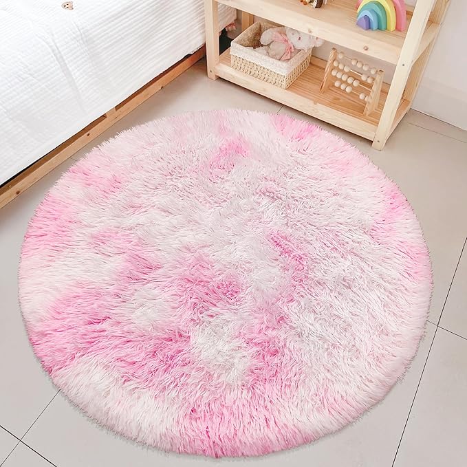 Pink Round Rugs for Bedroom, 3' Circle Area Rugs for Living Room, Tie Dye Colorful Soft and Fluffy Shaggy Carpet for Girls Boys Room Nursery Baby Playroom Unicorn Home Decor Aesthetic, Washable
