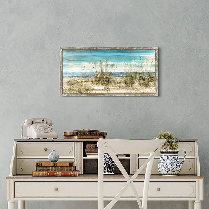 Seascape Framed Wooden Wall Art: Beach Art Prints Ocean Painting Style Artwork Seaside Wall Decor Sand Dunes Picture Coastal Theme Prints for Bedroom 24"x12"