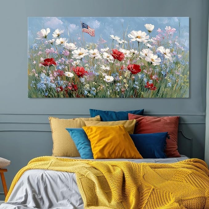 BewDalky American Flag Wildflower Field Canvas Wall Art for Home Decor, Patriotic Rustic Floral Landscape Art Print, USA Independence Day Artwork for Living Room, Bedroom, Bathroom Wall Decor 28"x58"