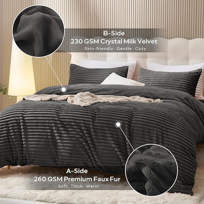 JELLYMONI Plush Duvet Cover Set - King Size Dark Gray Striped Fluffy Comforter Cover 3pcs Bedding Set Luxury Ultra Soft Faux Fur Duvet Cover with Zipper and 2 Pillowcases (NO Comforter)