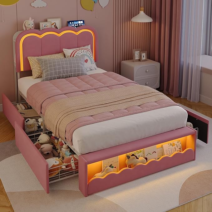 Maupvit Twin LED Bed Frame with Storage Headboard and 4 Drawers, Upholstered Platform Bed Frame with Bookcase, Velvet Princess Bed for Kids Girls, Charging Station, No Box Spring Needed, Pink