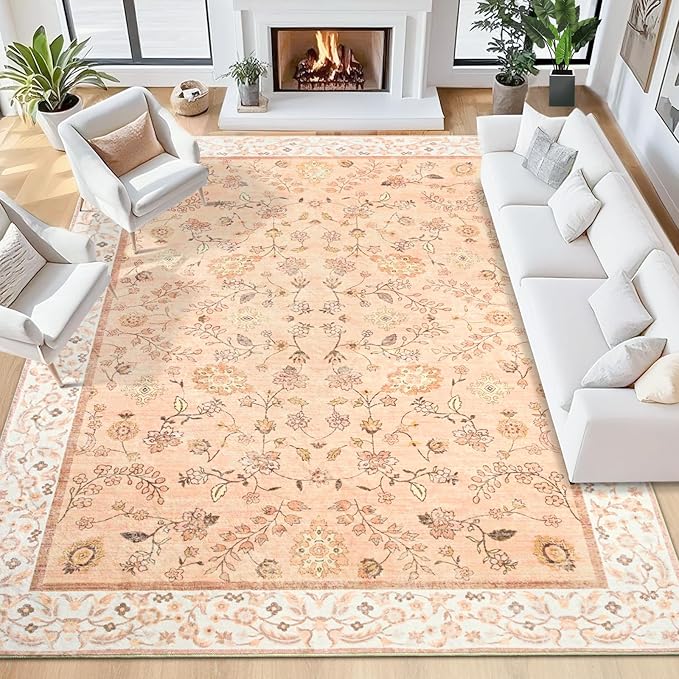 6x9 Rugs for Living Room, Orange Washable Floral Area Rug for Bedroom, Soft Non Slip Indoor Low Pile Carpet for Kitchen Dining Room, Large Boho Throw Carpets for Kids Nursery Office Dorm Home Decor