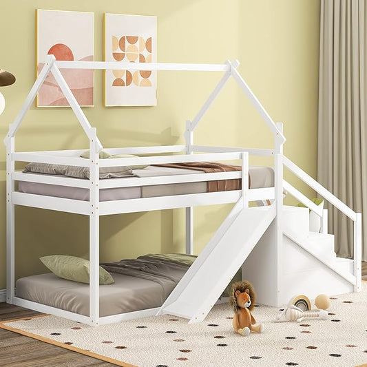 Flieks Twin Over Twin House Loft or Bunk Bed Frame for Boys Girls Kids Adults Toddler with Slide and Staircase, White