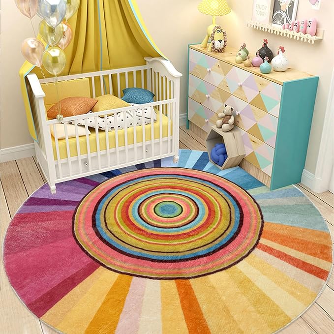 Kids Rug 6Ft Round Girls Bedroom Carpet Colorful Circle Sun Rug Rainbow Nursery Mat Modern Abstract Playroom Bedside Area Rug for Children Indoor Home Decor