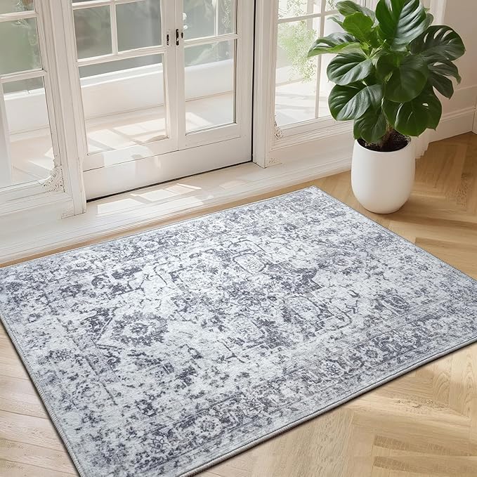 Area Rug 2x3, Washable Rug for Entryway Indoor, Small Area Rug for Living Room Entrance, Vintage Rug for Bedroom Doormat, Non Slip Soft Low Pile Carpet for Kitchen, Hallway, Office, Grey