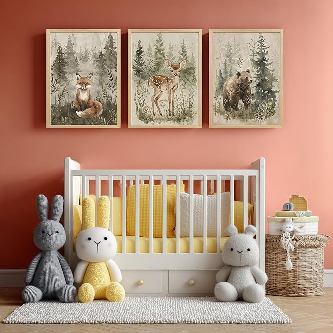 kilamino Wood Framed Woodland Animal Nursery Wall Art, Cute Fox Bear Deer Wall Decor, Neutral Wildlife Animal Art Prints, Funny Nature Forest Animal Canvas Paintings for Baby Room Playroom 16"x24"x3