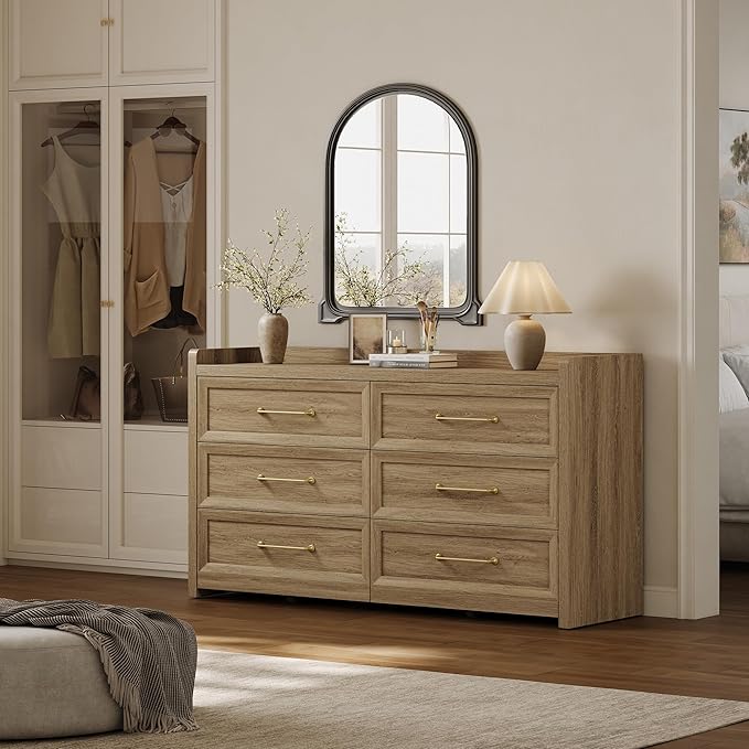 SICOTAS 6 Drawer Dresser for Bedroom-56.4" Extra-Wide Wooden Chest of Drawers with Large Storage, Long Dresser TV Stand with Drawers, Mid Century Modern Closet Dressers for Nursery, Brown Oak