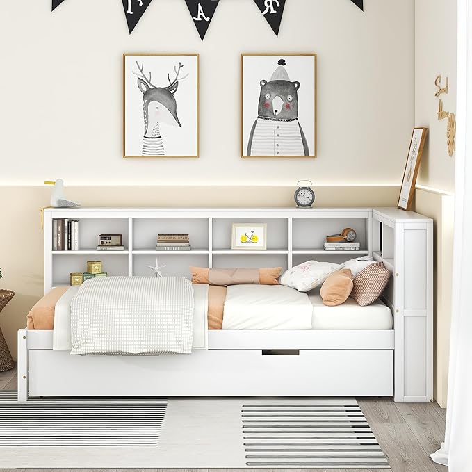 Harper & Bright Designs Twin Size Daybed with Trundle and Charging Station, Wooden Twin Storage Bed Frame with L-Shaped Bookcases, Twin Platform Bed with Shelves for Kids Girls Boys, White