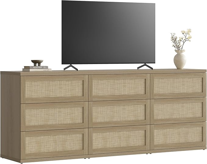SICOTAS Dresser for Bedroom - 9 Drawer Dresser for Nursery 75" Wide Rattan Dressers & Chests of Drawers Boho Drawers for Bedroom Living Room Clothes Long Closet Storage for Closet Hallway Entryway