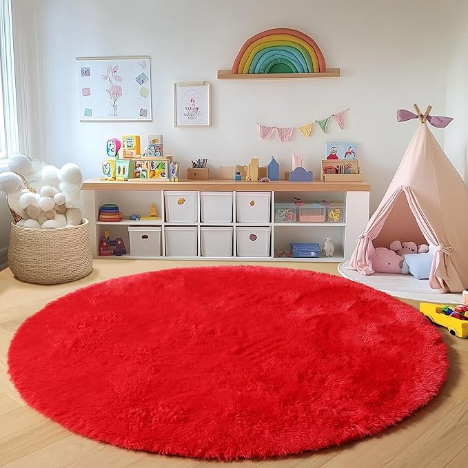 ONASAR Red Round Area Rug 4x4, Soft Bedroom Circle Rugs Floor Mat for Kids Girls Teen Room, Kawaii Fluffy Plush Shaggy Carpet for Nursery Living Room Playroom Christmas Home Decor Princess Castle
