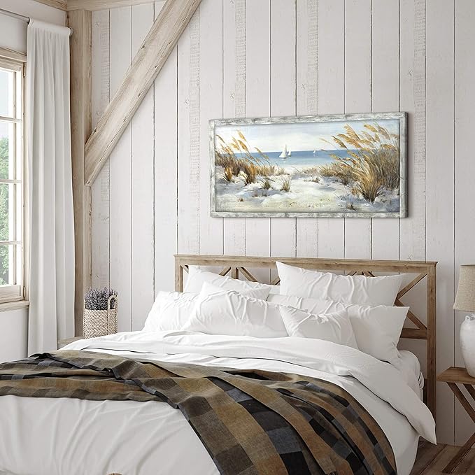 Framed Ocean Wooden Wall Art: Coastal Oil Painting Style 48"x24" Ocean Pictures Seascape Art Beach Prints Artwork for Office