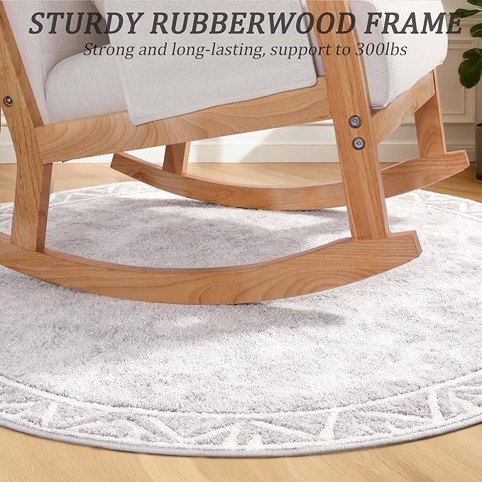 NOBLEMOOD Rocking Chair with Ottoman, Upholstered Nursing Glider Rocker with Side Pocket & Pillow, Comfy High Back Reading Chair with Solid Wood Legs for Nursery/Living Room/Bedroom