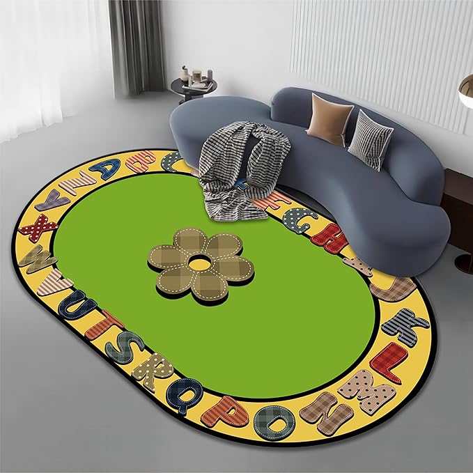 Children's Area Rugs, 4x6ft, Educational And Fun Rugs with ABC Alphabet, Early Learning Rug for Playroom Game Activity, Plaid Floral Non-Slip Soft Indoor Play Mat for Bedroom Nursery, Oval Rug