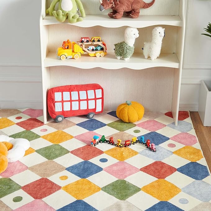 jinchan Macy Runner Rug 2x5 Kids Hallway Washable Rug Indoor Soft Non Slip Modern Diamond Carpet for Nursery Room Bedroom Kitchen Laundry Room Circus on Cream