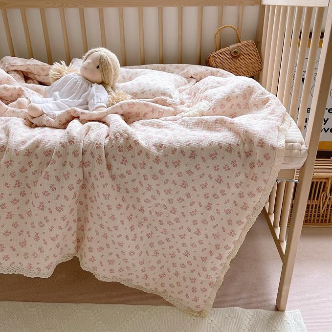 BuLuTu Crib Quilted Blankets Muslin Baby Blanket Toddler Quilt Super Soft Lightweight Kids Comforter Reversible Toddler Blanket for Stroller Travel, Galsang Pattern, 47"x59"