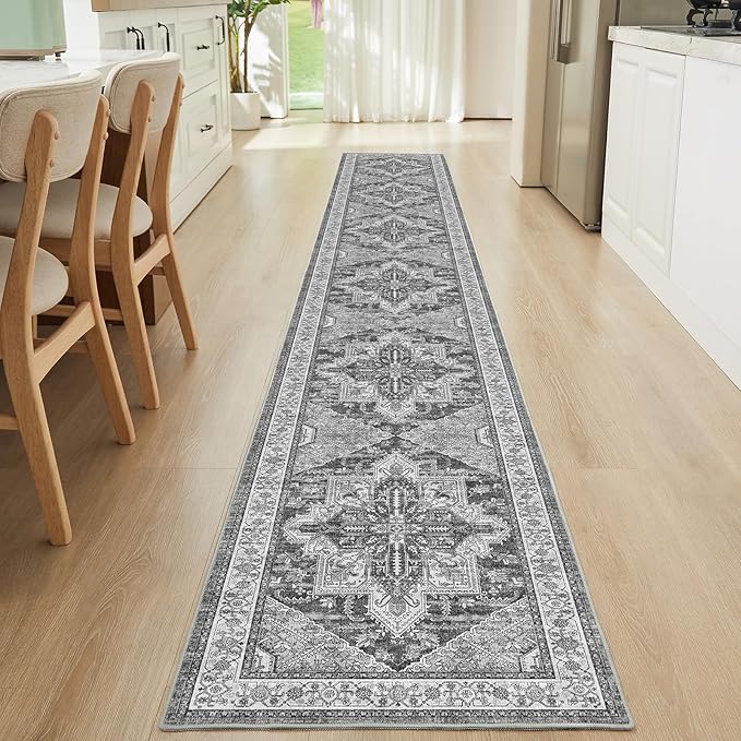 WITSHOCK Extra Long Runner Rug for Hallway 2x15: Washable Vintage Boho Low Pile Stain Resistant Foldable Carpet for Bedroom Entryway Indoor Entrance, Neutral Distressed Farmhouse Home Decor, Grey