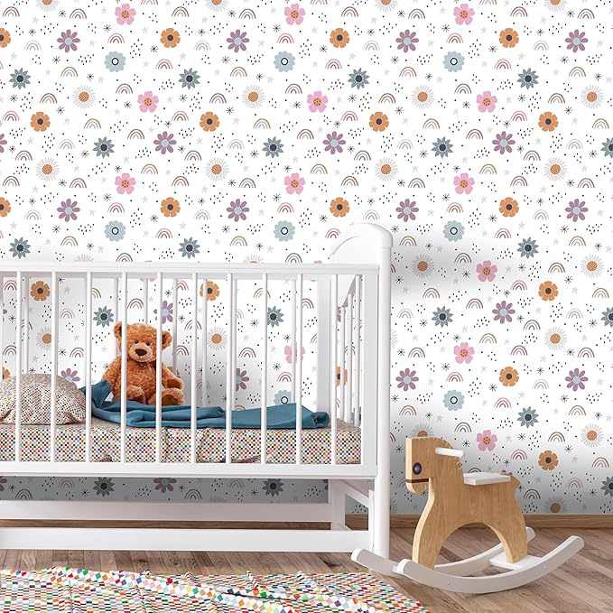 CHIHUT Boho Rainbow Kids Peel and Stick Wallpaper 17.7”x472” Whimsical Flower Rainbow Self Adhesive Removable Cute Contact Paper for Kids Room Nursery Playroom Watercolor Wallpaper for Classroom