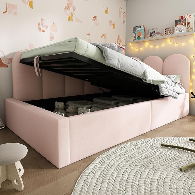 Merax Twin Size Upholstered Lift Up Sofa Day Bed with Headboard, Floor Sofa Daybed with Metal Slat Support, Lift Up Bed Frame for Kids, Boys, Girls Twin, Pink