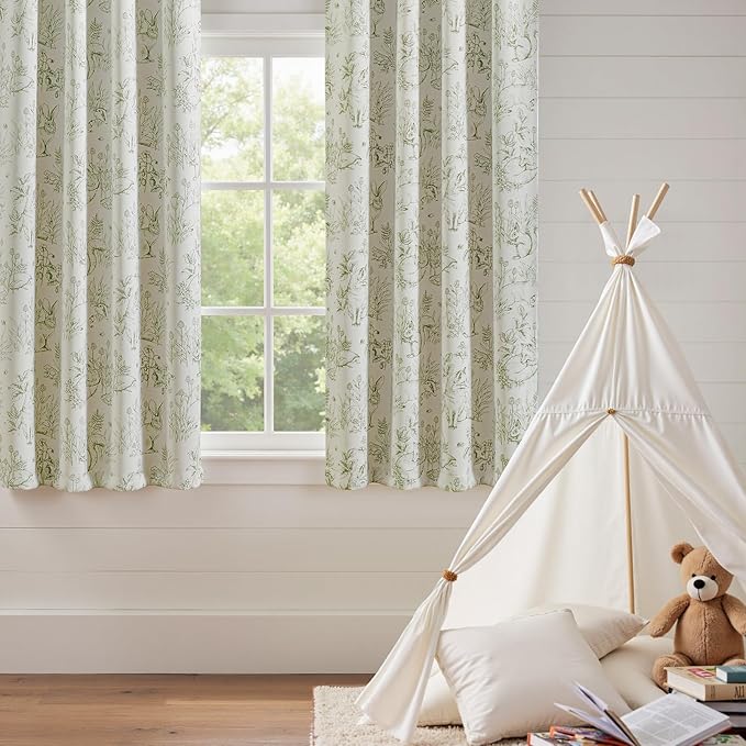jinchan Blackout Nursery Curtains 63 Inches Long, Bunny Woodland Toile Curtains Sage Green on Beige Animal Printed Drapes for Bedroom Thermal Insulated Farmhouse Rod Pocket Window Treatment 2 Panels
