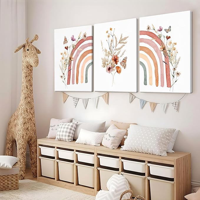 AKWISH Boho Rainbow Wall Art for Girls Room - Set of 3 Framed Wildflower Canvas Prints for Nursery, Baby Girl Room, Kids or Dorm Decor - Soft Pastel Botanical Bohemian Wall Decor 16x24in