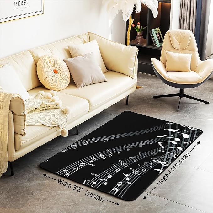 jejeloiu Musical Note Decorative Carpet Black White Music Theme Decorative Carpet Mat Decor Extra Soft Rugs for Living Room Bedroom Room Washable Area Rug 5x7s