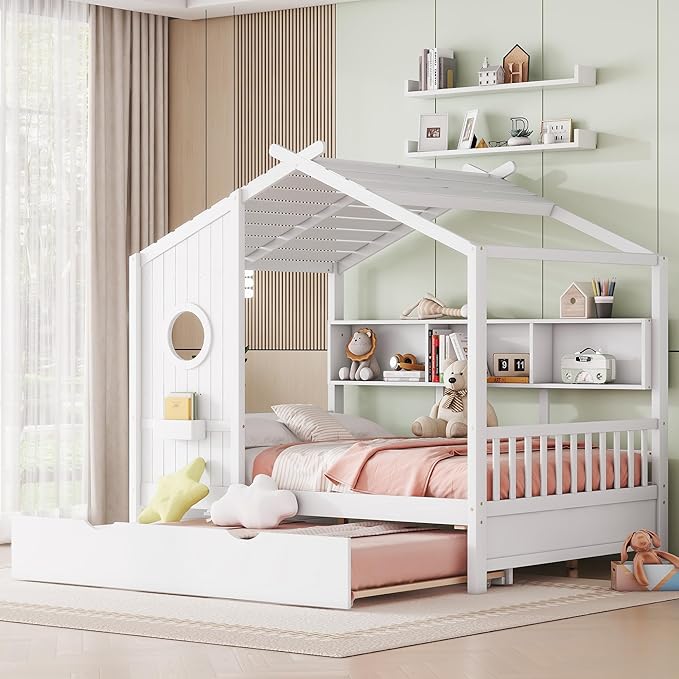 House Full Bed Frame with Trundle for Kids, Full Size House Bed Frame with Storage Shelves, Modern White Low House Bed Full Size with Roof, Wood Low Bed Playing Room, White