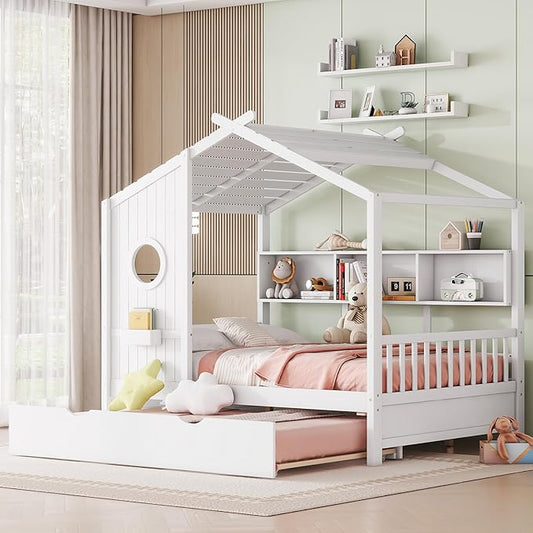 Full Size Wooden House Bed with Trundle, Modern Design Kids Bed Frame with Storage Shelf for Kids Teens Adults, Wood Slat Support, No Box Spring Needed, Easy Assembly (White)