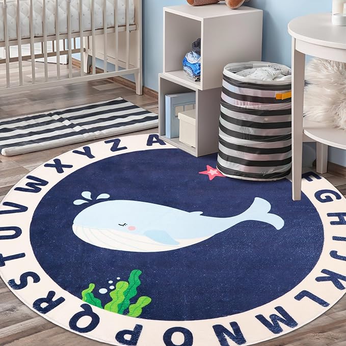Round Kids Rug for Playroom,4ft ABC Alphabet Whale Kid Rug,Non-Slip Kids Rug Play Mat,Washable Educational Classroom Rug Kids Area Carpet for Kids Room Bedroom Nursery Playroom Decor