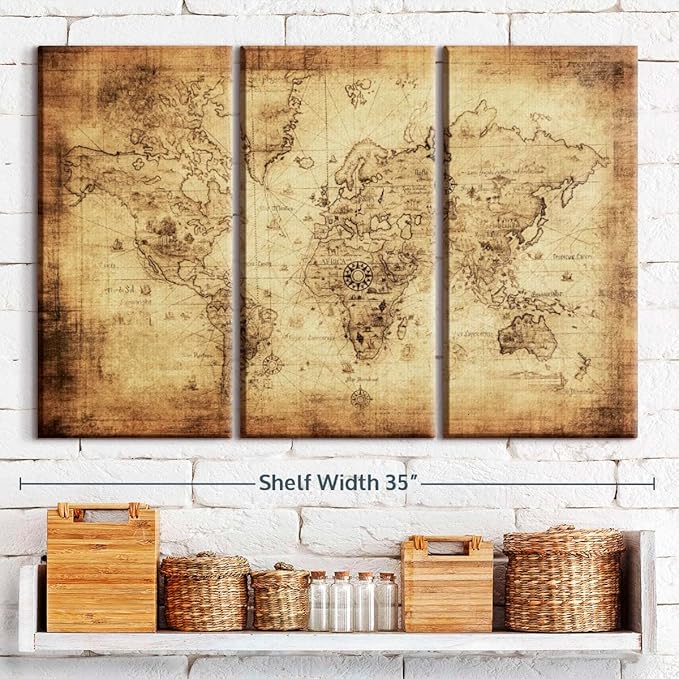 ElephantStock Ancient World Map Wall Art Multi Piece Canvas - 3 Piece Canvas World Map Wall Decor - Wall Decor - Ready-to-Hang Print - Vintage Wall Art - 33" X 20"