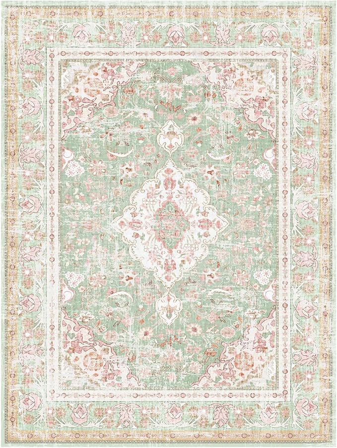Vhong Washable Area Rugs Boho Vintage Modern Neutral Large Carpet Green and Pink High Traffic Rugs 6×9 for Dinning Room Living Room Bedroom Farmhouse Non Slip