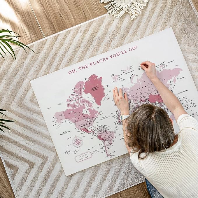 ElephantStock - Places You'll Go Push Pin World Map Wall Art - Horizontal Canvas Wall Art - Living Room Wall Decor - Digital Art Map Canvas Art - White And Pink Decor - 39" x 26"