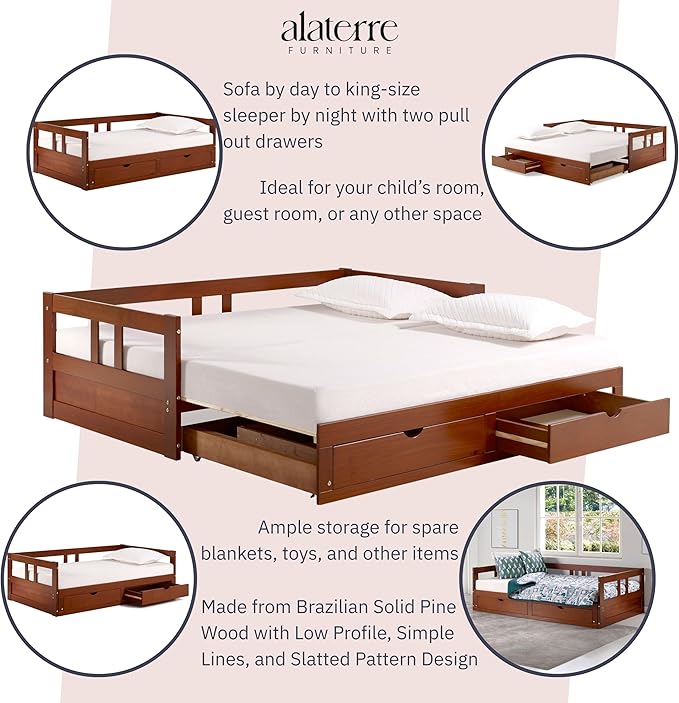 Melody Twin to King Extendable Daybed with Trundle and Storage Drawers – Solid Brazilian Pine Wood Guest Bed with 400lb Capacity for Kids, Teens, or Adults by Aalaterre Furniture (Chestnut Finish)
