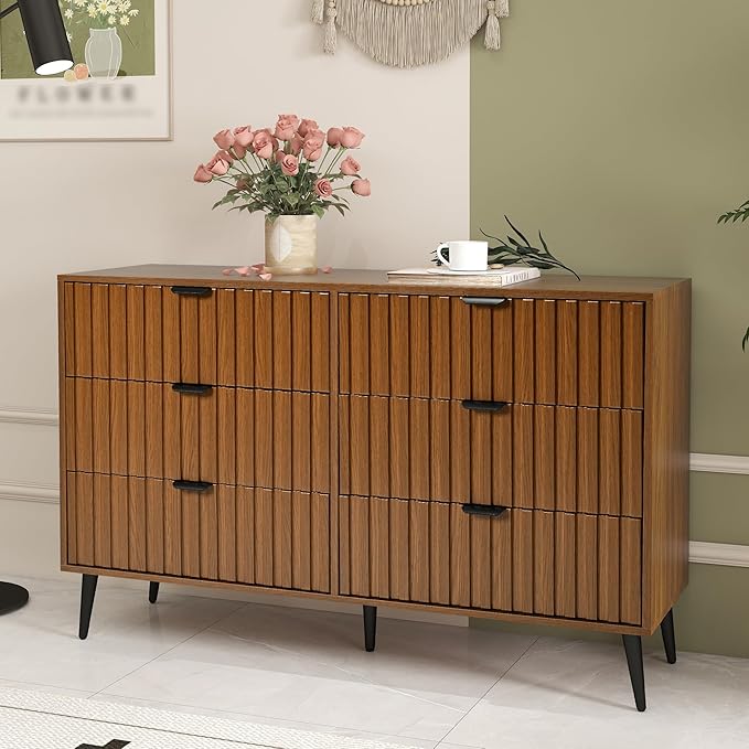 Fluted Dresser for Bedroom with 6 Drawers, 47'' Wide Modern Dresser with Metal Handle, Natural Wood Dressers Organizer with Blister Drawers for Bedroom, Brown
